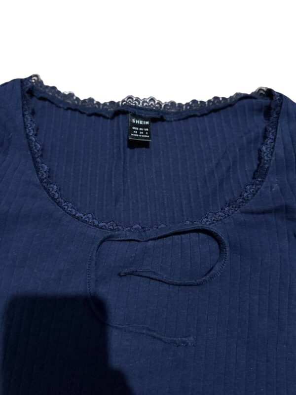 img_6380 womens Crop tops Lace Trim Bow Front Rib-knit Long Sleeve Top (Color : Navy Blue, Size : 8,9,10)