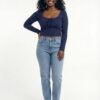 img_6382-2 womens Crop tops Lace Trim Bow Front Rib-knit Long Sleeve Top (Color : Navy Blue, Size : 8,9,10)