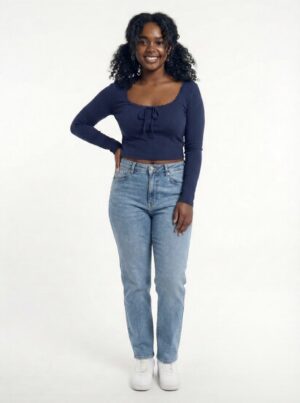 womens Crop tops Lace Trim Bow Front Rib-knit Long Sleeve Top (Color : Navy Blue, Size : 8,9,10)