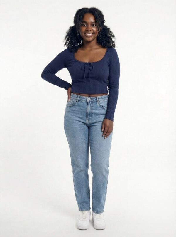 img_6382-2 womens Crop tops Lace Trim Bow Front Rib-knit Long Sleeve Top (Color : Navy Blue, Size : 8,9,10)